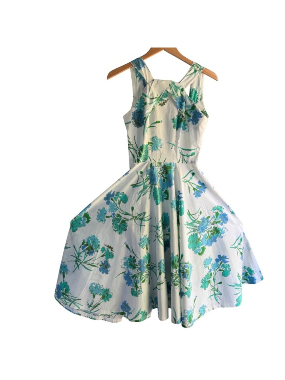 Womens Floral Sundress White & Blue Sleeveless Fit & Flare M (12) Vintage 50s - Picture 14 of 16